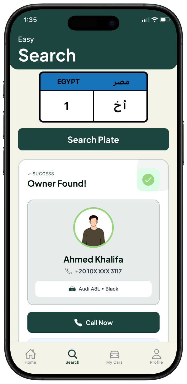 The Tal3ni app showing a search result: owner found, with their name, masked phone number, car and a Call Now button.